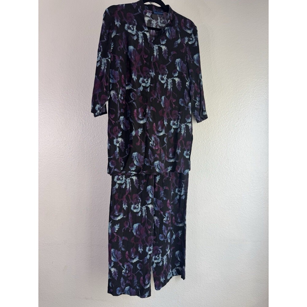 Karen Scott Silk Small 2 Piece Set Button Down/Pants 3/4 Sleeve Floral
